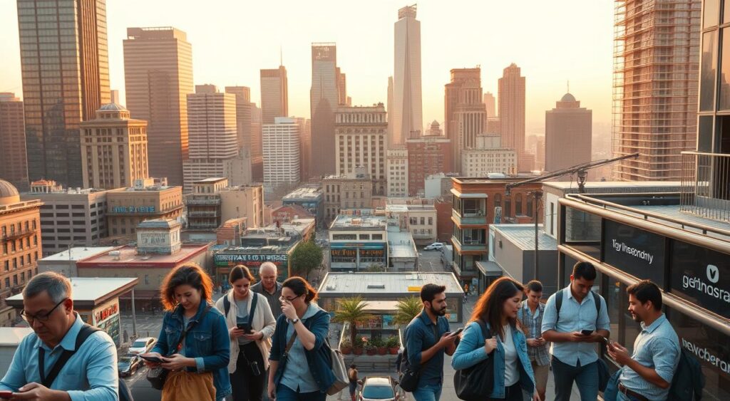 A bustling city landscape, with towering skyscrapers and a vibrant street scene below. In the foreground, a diverse group of gig workers - rideshare drivers, freelance designers, and online tutors - going about their daily tasks, their mobile devices and laptops at the ready. In the middle ground, a mix of traditional and modern workspaces, coworking spaces, and small businesses, reflecting the dynamic nature of the gig economy. The background is bathed in warm, golden light, conveying a sense of opportunity and optimism. The scene is captured with a wide-angle lens, emphasizing the interconnectedness and energy of this new era of work.