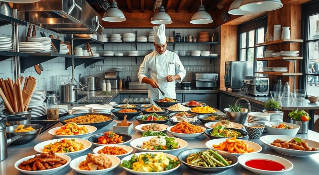 A bustling culinary workspace, showcasing an array of kitchen tools, ingredients, and appliances. In the foreground, a sleek, modern kitchen counter displays an assortment of freshly prepared dishes, each a tempting culinary creation. In the middle ground, a skilled chef, clad in a crisp white uniform, stands amidst a well-stocked pantry, their hands expertly manipulating a variety of culinary implements. The background features a cozy, warm-toned bistro setting, complete with rustic wooden accents and soft, natural lighting filtering in through large windows, conveying a sense of inviting ambiance and culinary inspiration.