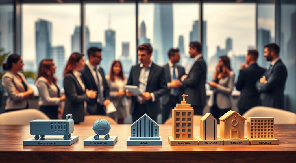 kind company you start - A bustling office scene, with a mix of modern and traditional business models represented. In the foreground, a table displays various models such as e-commerce, subscription, and franchise, each with 3D icons. Midground showcases professionals in business attire, discussing these models intently. The background features a cityscape with towering skyscrapers, reflecting the scale and scope of the business world. Warm lighting, depth of field, and a sense of dynamism create an atmosphere of thoughtful exploration of diverse company structures.