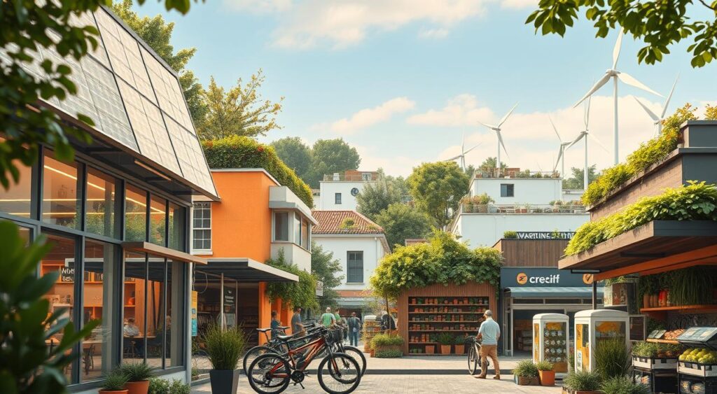 A bustling urban landscape with a vibrant array of eco-friendly businesses thriving against a backdrop of lush greenery. In the foreground, a modern solar-powered cafe with large windows showcasing its sustainable interior. In the middle ground, a bike shop with sleek electric bicycles on display and a zero-waste grocery store with repurposed wooden shelves. In the distance, a co-working space with a living green wall and wind turbines on the rooftop, all illuminated by warm, natural lighting. The scene exudes a sense of harmony between commerce and environmental responsibility, capturing the essence of the sustainable business revolution.