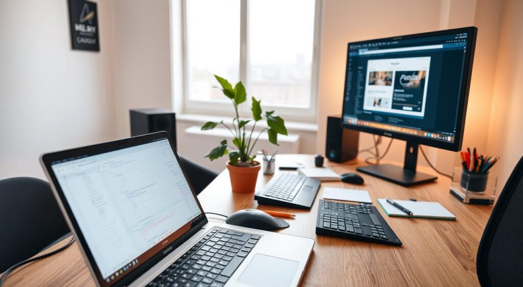best types businesses start - A bustling web development workstation with a sleek, minimalist design. In the foreground, a laptop displays lines of clean, well-commented code against a soft white backdrop. Surrounding the laptop, an array of high-tech peripherals, including a state-of-the-art mouse, a mechanical keyboard, and a high-resolution external monitor displaying a web page in development. In the middle ground, a tidy desk with a modern, wooden finish holds a potted plant and a neatly organized array of pens, notebooks, and other stationery. The background features a large window, allowing natural light to flood the space and create a warm, inviting atmosphere. Subtle ambient lighting casts a soft glow, complementing the overall aesthetic.