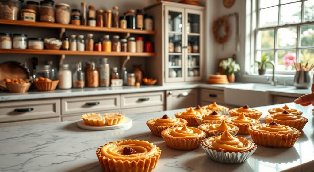 A cozy and inviting kitchen filled with the aroma of freshly baked goods. In the foreground, a marble countertop showcases an array of delectable pastries and tarts, their golden crusts and intricate decorations tempting the viewer. On the middle ground, a well-stocked pantry with jars of spices, flours, and baking supplies, hinting at the culinary expertise of the home-based catering service. The background features a large window, allowing natural light to flood the space and create a warm, inviting atmosphere. The lighting is soft and diffused, casting a gentle glow over the scene. The overall mood is one of homely comfort and the joy of sharing homemade creations.