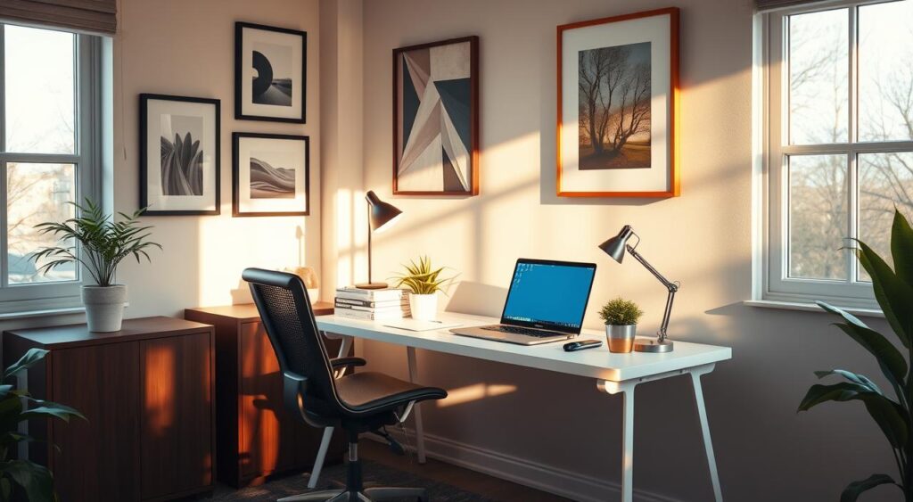 A cozy and well-organized home office setup, bathed in warm, natural lighting filtering through large windows. A modern, minimalist desk with a sleek laptop, alongside a stylish desk lamp and a potted plant adding a touch of greenery. The walls adorned with framed artwork, creating a refined and inspiring ambiance. A comfortable, ergonomic office chair invites you to settle in and focus. The overall atmosphere exudes productivity, creativity, and a sense of personal style, perfectly suited for a successful home-based business.