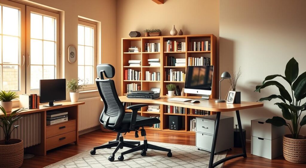A cozy and well-organized home office setup with an ergonomic desk, high-quality task chair, and a sleek computer setup. The room is flooded with warm, natural lighting from large windows, creating a productive and inviting atmosphere. A bookshelf filled with inspiring reads stands in the background, while a small plant and minimal decor add a touch of life to the space. The overall composition exudes a sense of focus and professionalism, perfectly suited for a successful home-based business.