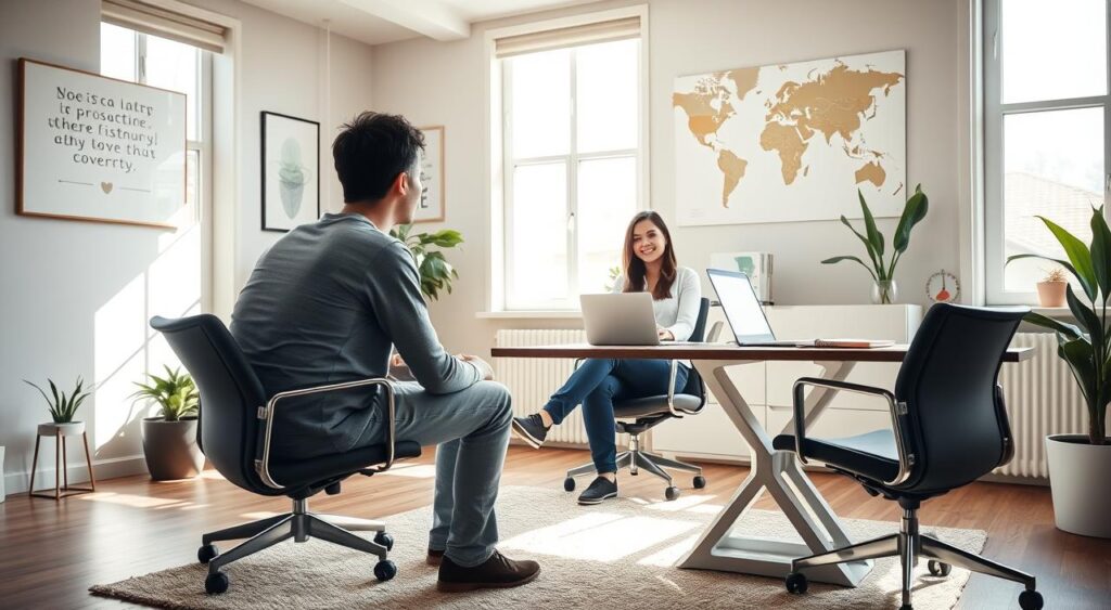 A cozy financial advisory office with a modern, minimalist aesthetic. In the foreground, a young investor in casual attire sits across from a friendly, approachable financial advisor. The advisor's desk features a laptop, documents, and a potted plant, conveying professionalism and attention to detail. Sunlight streams in through large windows, creating a warm, inviting atmosphere. The walls are adorned with simple, inspirational artwork and a world map, hinting at the global perspective of the advisory services. The lighting is soft and diffused, lending an air of trust and expertise. An ergonomic chair and a plush rug complete the welcoming, tailored environment designed to put the young investor at ease while discussing their financial future.