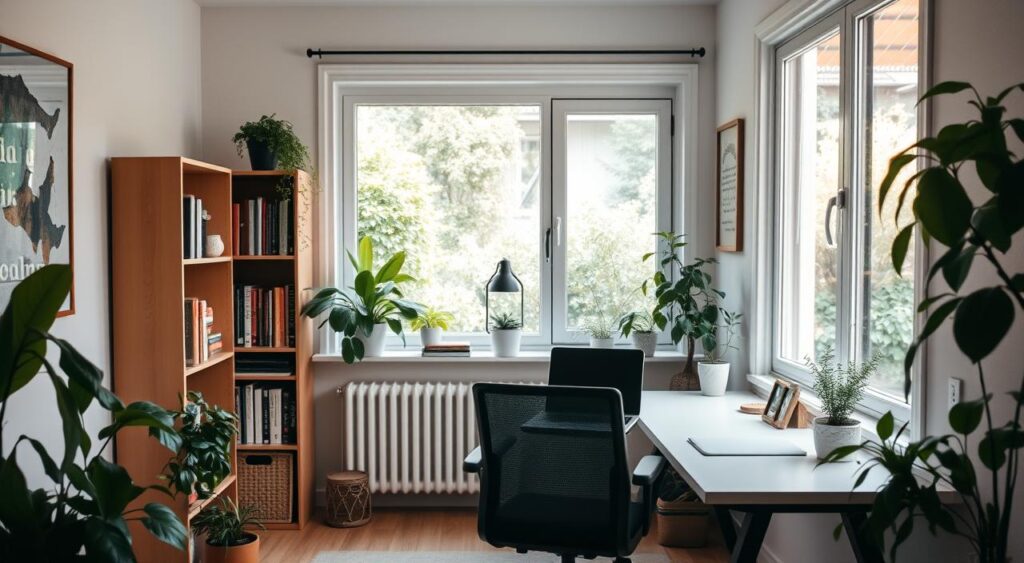 best small businesses you - A cozy home office filled with natural light, a small desk with a laptop, and a comfortable chair. A bookshelf in the background, stocked with relevant business books and resources. The room has a warm, inviting atmosphere, with plants and minimal decor that creates a productive yet relaxing environment. A large window offers a view of a lush garden, blending the indoor and outdoor spaces. The overall scene conveys a sense of balance and tranquility, perfectly suited for a home-based business.