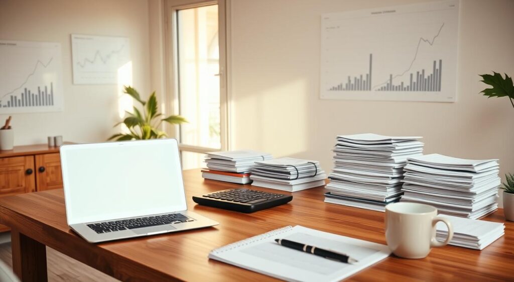 A cozy home office with a large wooden desk, a laptop, a calculator, and stacks of financial documents neatly arranged. Soft natural lighting filters through the window, casting a warm glow on the scene. On the desk, a thoughtfully curated set of tools, including a pen, a planner, and a coffee mug. The walls are adorned with minimalist financial charts and graphs, creating a sense of organization and intentionality. The overall atmosphere is one of focused productivity, with a touch of elegance and sophistication, perfectly suited for personal financial planning.