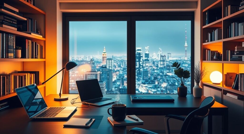 A cozy home office with a modern desk, laptop, and stationery. Warm lighting casts a soft glow, illuminating the scene. On the desk, a pen and notebook sit alongside a mug of steaming coffee. Shelves lining the walls display an array of books and decorative items. Through the window, a vibrant cityscape can be seen in the distance, hinting at the boundless creativity and inspiration waiting to be captured. The atmosphere exudes a sense of productivity, focus, and the joy of crafting engaging content.