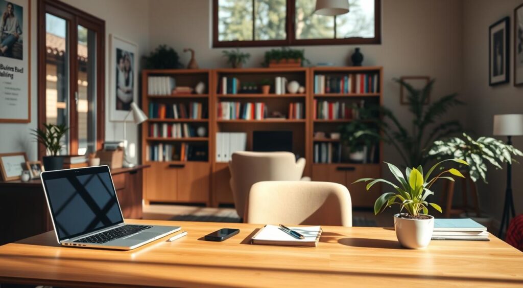 start successful home business - A cozy home office with a warm, inviting atmosphere. In the foreground, a wooden desk with a laptop, stationery, and a potted plant. Mid-ground features a comfortable office chair and a bookshelf lined with business planning resources. The background showcases a large window, allowing natural light to flood the space, creating a sense of openness and productivity. The overall scene conveys a balanced, well-organized environment conducive to effective home-based business planning.
