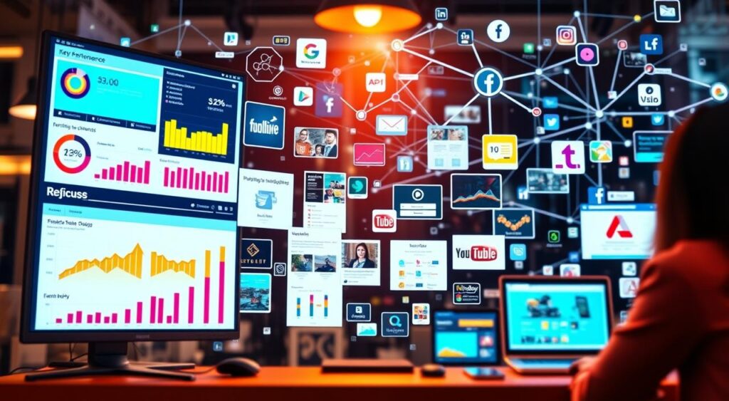 A dynamic digital marketing strategy unfolds before us. In the foreground, a vibrant, interactive dashboard displays key performance metrics, social media analytics, and real-time marketing campaign insights. The middle ground showcases a diverse array of digital touchpoints, from sleek responsive websites and targeted email campaigns to captivating social media posts and engaging online advertisements. In the background, a network of interconnected digital channels and platforms hums with activity, weaving a cohesive online presence for the new business. Warm, inviting lighting illuminates the scene, while a subtle depth of field creates a sense of depth and professionalism. This comprehensive, data-driven digital marketing strategy is the perfect guide for the new business to navigate the digital landscape and reach its target audience.