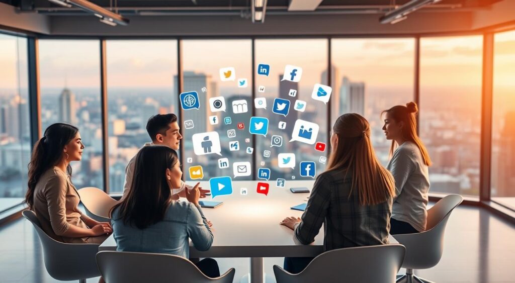 A dynamic, vibrant scene showcasing creative business ideas for social media marketing. In the foreground, a diverse group of young professionals brainstorming around a minimalist table, their faces lit by a warm, soft lighting. In the middle ground, various social media icons and platforms float organically, connecting the team. The background features a sleek, modern office space with large windows overlooking a vibrant city skyline, hinting at the boundless potential of leveraging online platforms. The overall atmosphere is one of collaboration, innovation, and a forward-thinking, tech-savvy approach to entrepreneurship.