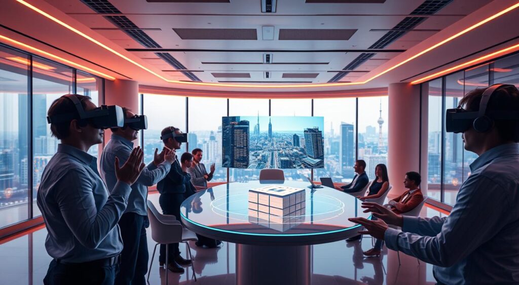 A futuristic office space bathed in warm, diffused lighting. In the foreground, a group of professionals immersed in virtual reality headsets, their hands animated as they interact with holographic displays. In the middle ground, a conference table with a large, curved screen showcasing a 3D model, surrounded by attentive employees. The background features sleek, minimalist decor, with floor-to-ceiling windows offering a panoramic view of a bustling cityscape. The overall atmosphere conveys a sense of innovation, collaboration, and the seamless integration of advanced AR/VR technologies into the modern business landscape.
