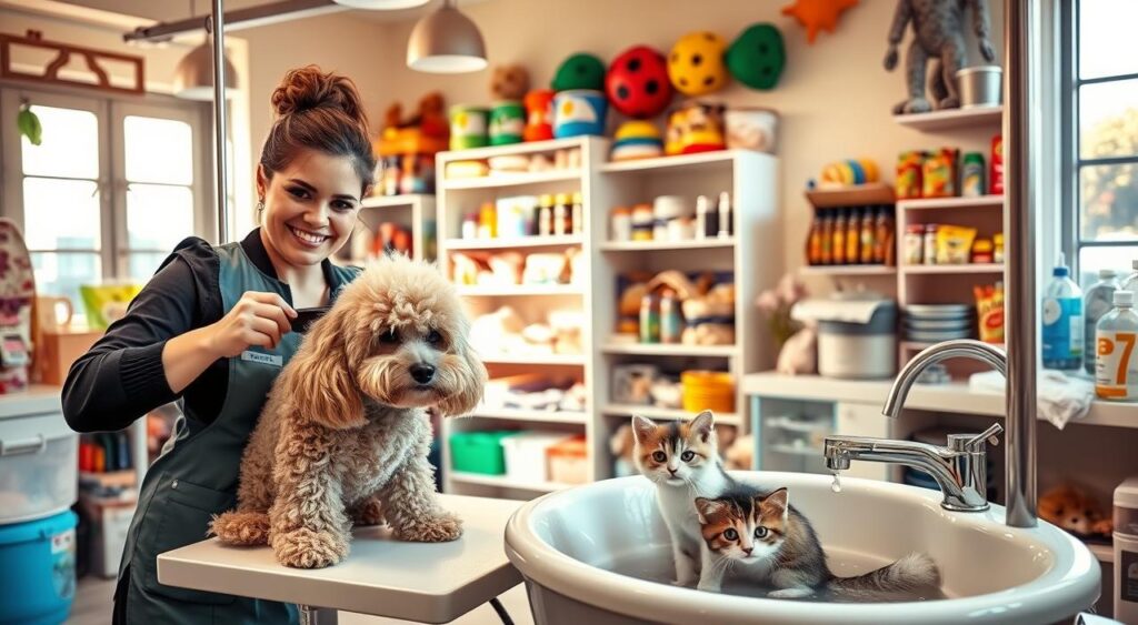 A lively pet grooming salon, with a cheerful and welcoming atmosphere. In the foreground, a friendly groomer is expertly brushing a well-groomed poodle, while in the middle ground, a kitten is being carefully bathed in a sink. The background features an array of pet supplies, from colorful toys to high-quality food and treats, all bathed in warm, natural lighting that filters in through large windows. The overall scene conveys a sense of care, expertise, and devotion to the well-being of beloved animal companions.