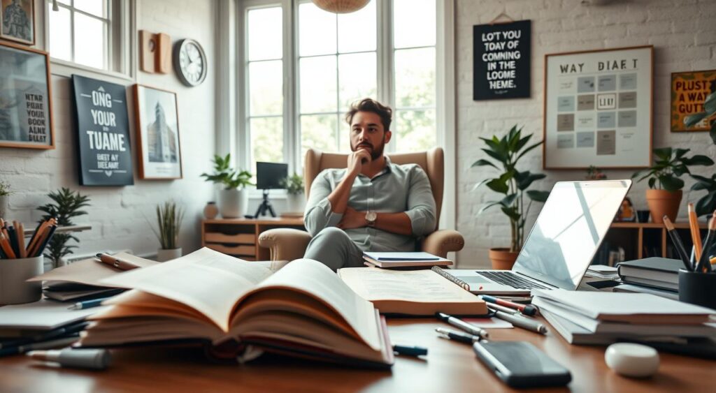step-by-step guide start profitable - A lively, well-lit image of an entrepreneur brainstorming ideas, with a cluttered desk in the foreground featuring an open notebook, pens, and a laptop. In the middle ground, the entrepreneur sits in a comfortable chair, deep in thought, surrounded by inspirational artwork and motivational quotes on the walls. The background showcases a cozy, home-office setting with abundant natural light filtering in through large windows, conveying a sense of focus, creativity, and determination.