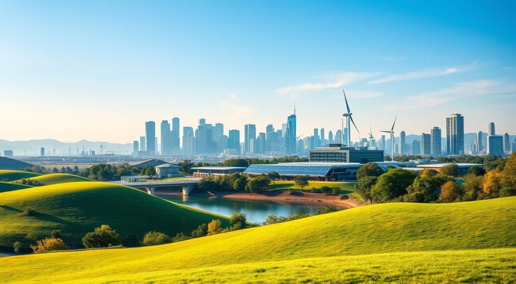 best businesses open 2025 - A lush, verdant landscape with rolling hills and a tranquil lake in the foreground. In the middle ground, a modern eco-friendly business complex featuring solar panels, wind turbines, and energy-efficient architecture. The background showcases a vibrant city skyline with towering skyscrapers and a clear blue sky. Warm, natural lighting bathes the scene, creating a harmonious and sustainable atmosphere. The focus is on the eco-friendly ventures, conveying a sense of innovation, environmental responsibility, and a vision for a greener future.