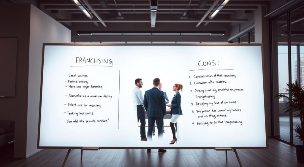 A minimalist office setting with a large whiteboard in the foreground, showcasing the pros and cons of franchising in a visually engaging manner. The whiteboard is illuminated by soft, diffused lighting, creating a professional and contemplative atmosphere. In the middle ground, a handful of business people are engaged in a discussion, their body language and expressions reflecting the nuanced considerations of franchising. The background features a sleek, modern office space with large windows, hinting at the broader context of entrepreneurship. The overall composition emphasizes the balanced evaluation of the franchising decision, inviting the viewer to thoughtfully consider the merits and challenges of this business model.