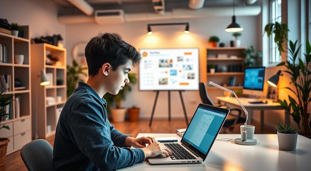 proven ideas you start - A modern, well-lit office setting with a warm, inviting atmosphere. In the foreground, a young person sitting at a desk, intently focused on a laptop screen, representing an online tutoring session. The middle ground features a whiteboard or digital display showcasing educational content, creating an interactive learning environment. The background depicts a cozy, home-like space with bookshelves, plants, and other decor, suggesting a comfortable and productive work-from-home setup. The lighting is soft and natural, with a subtle glow from task lamps and computer screens, creating a sense of productivity and concentration. The overall scene conveys the idea of personalized, flexible, and accessible online tutoring and coaching.