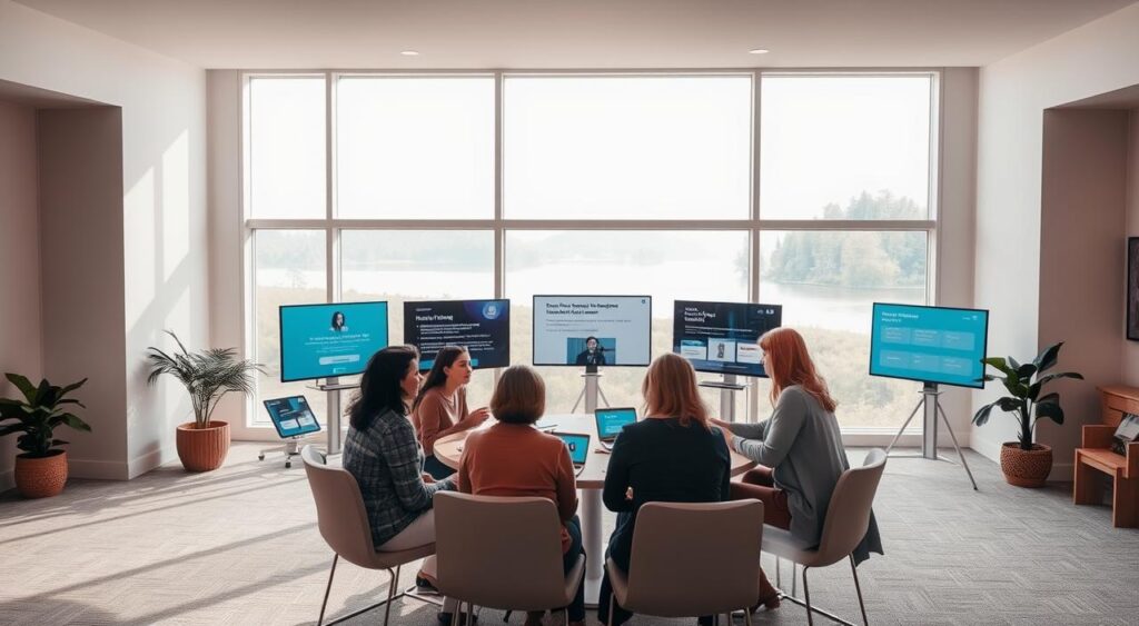 A serene, well-lit interior with a calming, minimalist aesthetic. In the foreground, a group of people are gathered around a circular table, engaged in an open, supportive discussion. The middle ground features several digital devices and screens displaying various mental health resources and support platforms. The background showcases a large window overlooking a serene outdoor scene, with soft, diffused natural lighting filtering in. The overall atmosphere is one of comfort, collaboration, and a sense of community focused on mental health and wellness.