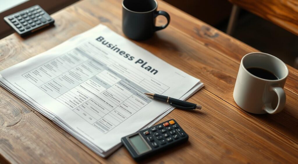 A simple yet functional business plan lying on a rustic wooden table, accompanied by a calculator, pen, and coffee mug. The plan's pages are neatly organized, reflecting a methodical approach to budgeting and planning. Soft, warm lighting illuminates the scene, creating an atmosphere of focused productivity. The table's surface is slightly worn, suggesting a cozy, homely workspace. The background is blurred, keeping the attention on the essential elements of the business plan and its development process. Conveying the idea of building a business with limited resources, this image aims to inspire and guide the viewer towards crafting an effective plan on a budget.