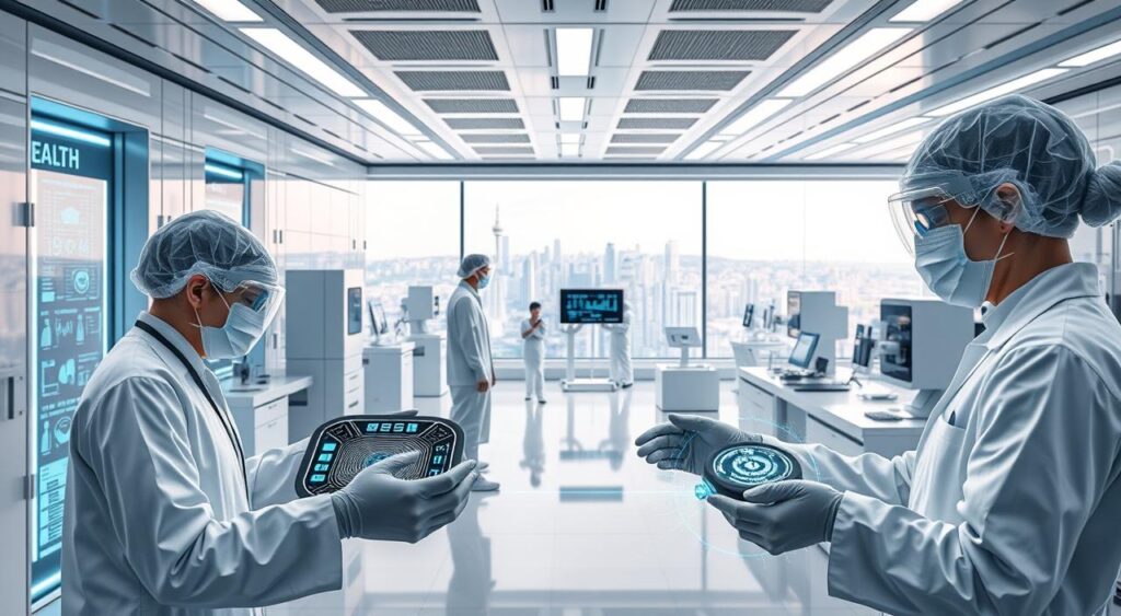 good business ideas aspiring - A sleek, futuristic laboratory filled with cutting-edge medical equipment and holographic displays. In the foreground, a team of scientists in white coats and protective gear collaborate on a new wearable health device, its intricate circuitry and sensors glowing softly. The middle ground features an array of innovative wellness technologies, from smart mirrors tracking biometric data to immersive VR therapy stations. The background showcases a panoramic view of a vibrant, eco-friendly cityscape, hinting at the integration of these health innovations into the urban landscape. Soft, directional lighting accentuates the clean, high-tech aesthetic, creating an atmosphere of scientific progress and the promise of a healthier future.