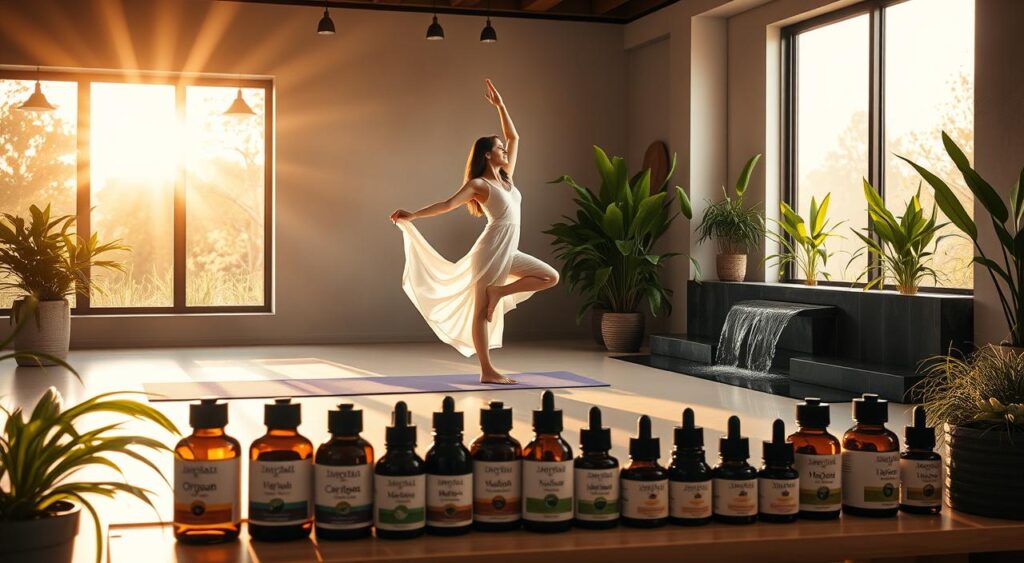 A tranquil, sun-dappled yoga studio with sleek, minimalist decor. A woman in a flowing white dress performs a graceful tree pose, bathed in warm, golden light filtering through large windows. In the foreground, a neatly arranged display of organic health supplements and essential oils. In the background, a soothing waterfall feature and lush, verdant plants. The atmosphere exudes a sense of calm, rejuvenation, and holistic well-being.