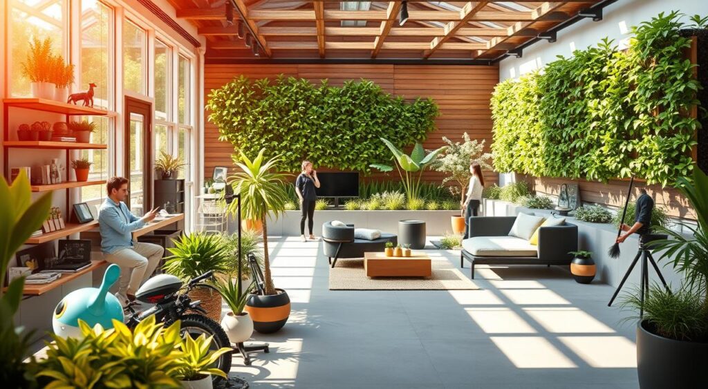 A vibrant and contemporary home and garden showcase, bathed in warm natural light. In the foreground, an array of innovative products and gadgets, from self-watering planters to smart garden tools. The middle ground features a stylish, minimalist outdoor living space with sleek furniture and integrated technology. In the background, a lush, verdant garden oasis with unique architectural elements, such as a vertical hydroponic wall and automated irrigation system. The overall scene conveys a harmonious blend of design, function, and sustainability, capturing the spirit of the most exciting new ventures in the home and garden industry.
