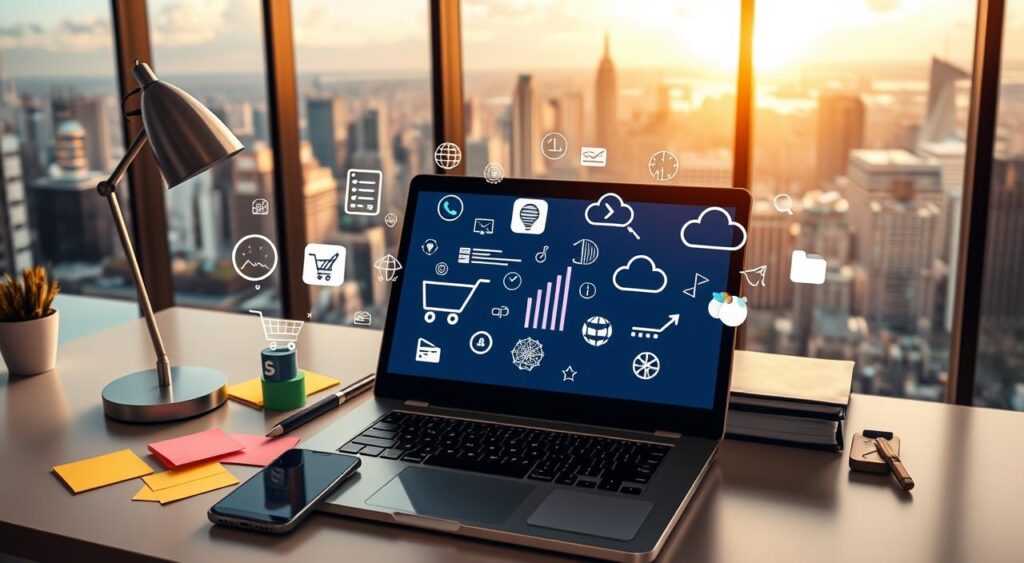 profitable business ideas make - A vibrant and dynamic online business scene, captured in a wide-angle shot. In the foreground, a laptop and smartphone sit atop a sleek desk, surrounded by colorful sticky notes and a stylish desk lamp. The middle ground features a diverse array of virtual business icons, including a shopping cart, graph, and cloud computing symbol, all rendered in a modern, minimalist style. The background showcases a panoramic view of a bustling city skyline, hinting at the global reach and interconnectivity of the digital economy. Warm, natural lighting casts a welcoming glow, conveying a sense of opportunity and potential for the modern entrepreneur.