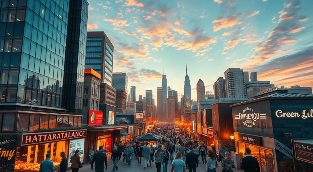 A vibrant cityscape unfolds, bustling with the energy of emerging trends. In the foreground, a diverse array of innovative businesses thrive - from a sleek tech startup headquartered in a gleaming high-rise, to a cozy artisanal bakery and a cutting-edge green energy firm. The middle ground teems with people, each representing a new wave of entrepreneurs, capturing the zeitgeist of a rapidly evolving economic landscape. In the background, towering skyscrapers and a vibrant skyline set the stage, hinting at the vast potential for growth and transformation. Warm, soft lighting casts an optimistic glow, while a dynamic, cinematic angle suggests the dynamic, ever-changing nature of profitable businesses on the rise.