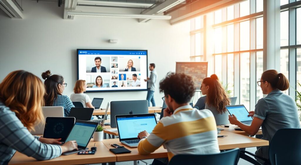 A vibrant digital classroom with various e-learning tools and online course materials. In the foreground, a group of diverse students intently focused on their laptops and tablets, engaged in interactive lessons. The middle ground features a large interactive whiteboard displaying course content, with the instructor guiding the virtual session. The background showcases a sleek, modern office-like setting with abundant natural lighting streaming through large windows, creating a warm and productive atmosphere. The overall scene conveys a sense of collaboration, innovation, and the future of education through accessible online learning.