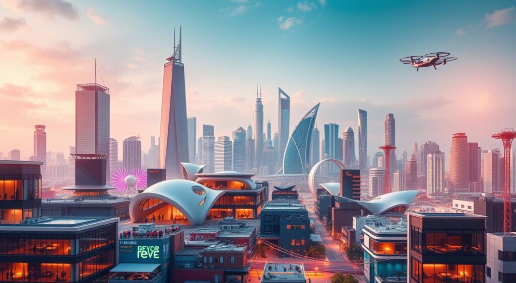 creative business ideas launch - A vibrant, futuristic cityscape showcasing the most promising entrepreneurial industries of 2025. In the foreground, a diverse array of businesses thrive - from sleek tech startups to innovative green energy companies, all bustling with activity. The middle ground features bold architectural structures housing collaborative co-working spaces and accelerators, fostering the growth of the next generation of entrepreneurs. In the background, a skyline of gleaming skyscrapers and hover-vehicles reflects an advanced, sustainable urban landscape. Soft, warm lighting creates an inviting atmosphere, while a cinematic camera angle captures the dynamic energy of this visionary entrepreneurial ecosystem.