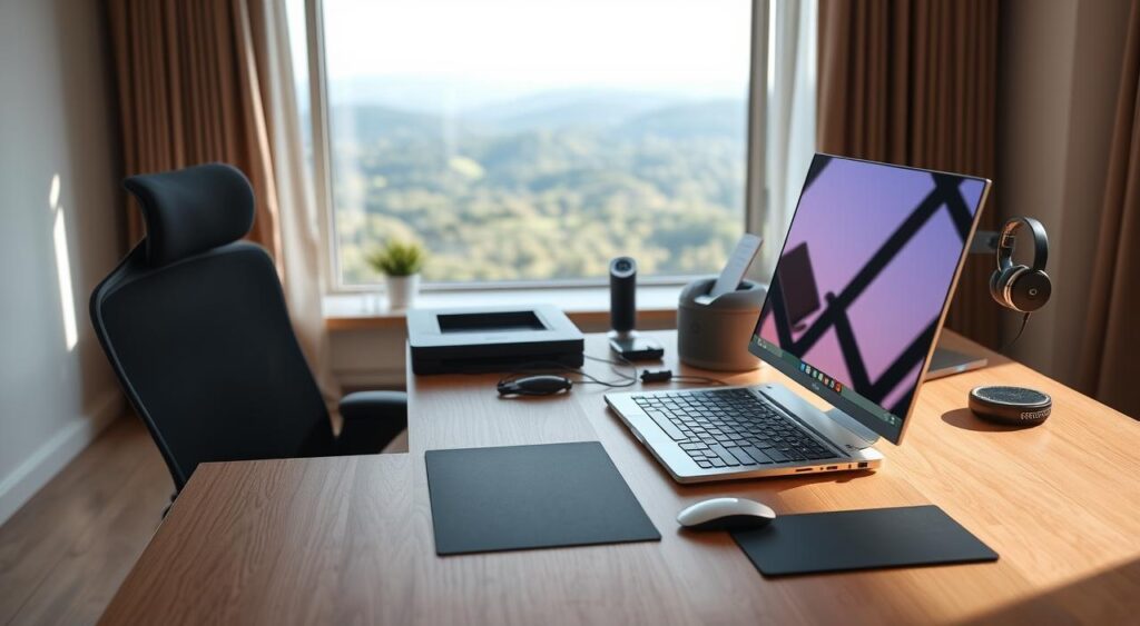A well-equipped remote work station with a sleek, minimalist design. In the foreground, a high-quality laptop with a large, crisp display sits on a sturdy, wood-grain desk. Beside it, a modern ergonomic chair and a wireless mouse and keyboard create a seamless, distraction-free setup. The middle ground features a variety of productivity tools, such as a compact document scanner, a high-definition webcam, and a pair of noise-cancelling headphones. In the background, a floor-to-ceiling window offers a panoramic view of a serene, natural landscape, bathed in soft, natural lighting that creates a calming, rejuvenating atmosphere conducive to focused, efficient remote work.