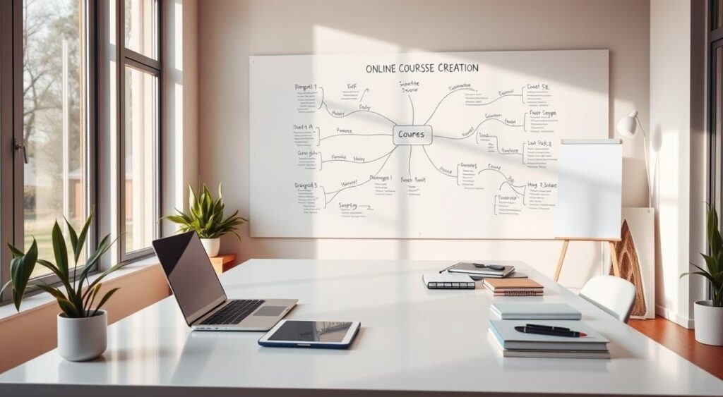 A well-lit, modern home office with a sleek, minimalist desk setup. On the desk, a laptop, a tablet, and various stationery items like pens and notebooks. In the background, a large whiteboard or chalkboard with a mind map or brainstorming diagram related to online course creation. Warm, natural lighting floods the room through large windows, creating a productive and inspiring atmosphere. The overall scene conveys a sense of focus, organization, and the process of developing educational content for an online audience.