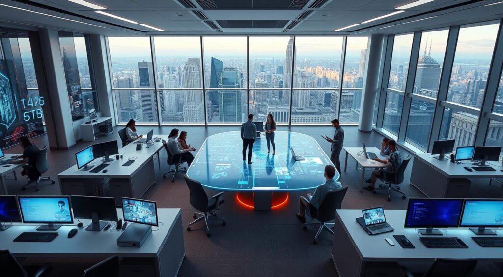 An ultra-modern office space with futuristic digital displays, holographic projections, and cutting-edge technology. The foreground features sleek workstations with minimalist designs, ambient lighting, and ergonomic furniture. In the middle ground, a large holographic conference table is surrounded by employees in casual attire, collaborating on digital projects. The background showcases panoramic city views through floor-to-ceiling windows, conveying a sense of urban progress and innovation. The overall atmosphere is one of efficiency, creativity, and the seamless integration of technology into the modern business landscape.