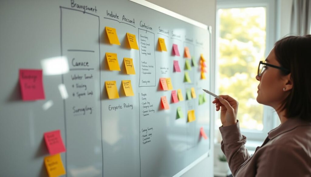 Person brainstorming business ideas on a whiteboard with sticky notes