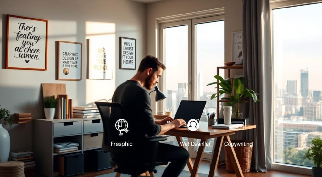 good business ideas you - a serene and tranquil scene of a cozy home office, with a comfortable desk and chair, a laptop, and various office supplies neatly arranged. The walls are adorned with inspiring art and motivational quotes, creating a warm and inviting atmosphere. The room is illuminated by soft, natural lighting filtering in through large windows, casting a gentle glow on the workspace. In the foreground, a freelancer is sitting at the desk, deep in concentration, typing away on the laptop, their hands a blur of productivity. The middle ground showcases various freelance services such as graphic design, web development, and copywriting, represented by relevant icons or illustrations. The background depicts a cityscape, hinting at the global reach and diverse clientele of the freelance services on offer.