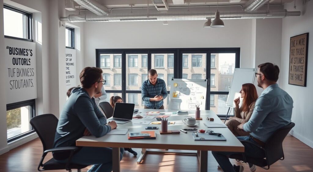 a well-lit office space with a central table, on which a person is testing a business idea using various tools and materials, such as a laptop, whiteboard, sticky notes, and prototypes. The person is surrounded by other colleagues, engaged in discussion and brainstorming. The room has large windows, allowing natural light to flood the space, creating an energetic and collaborative atmosphere. The walls are adorned with motivational quotes and inspirational artwork, reflecting the entrepreneurial spirit of the team. The camera angle is slightly elevated, giving a sense of overview and emphasizing the teamwork and synergy in the process of testing a business idea.