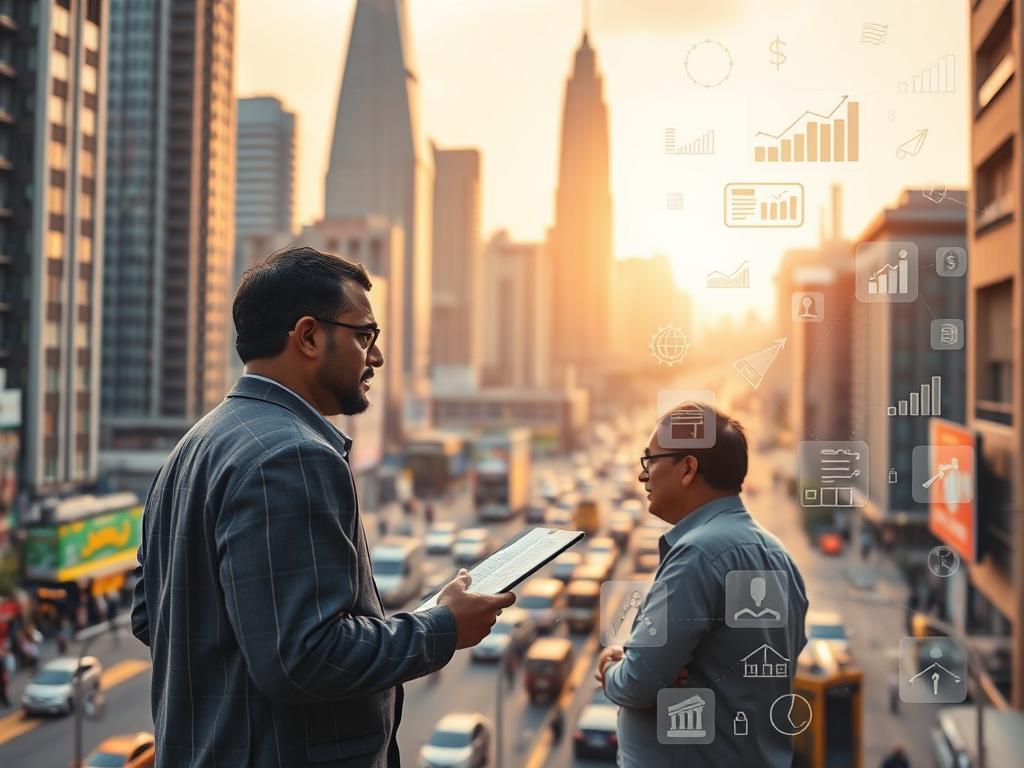 A bustling cityscape in India, with towering skyscrapers and busy streets. In the foreground, a small business owner is meeting with a banker, discussing financing options for their enterprise. The lighting is warm and inviting, with soft shadows and highlights that emphasize the importance of their conversation. The scene is captured from a slightly elevated angle, giving a sense of scale and the challenges faced by small businesses seeking capital. In the background, a montage of related icons and imagery, such as graphs, charts, and financial documents, create a sense of the financial landscape. The overall mood is one of determination and optimism, reflecting the potential for growth and success in the Indian small business sector.