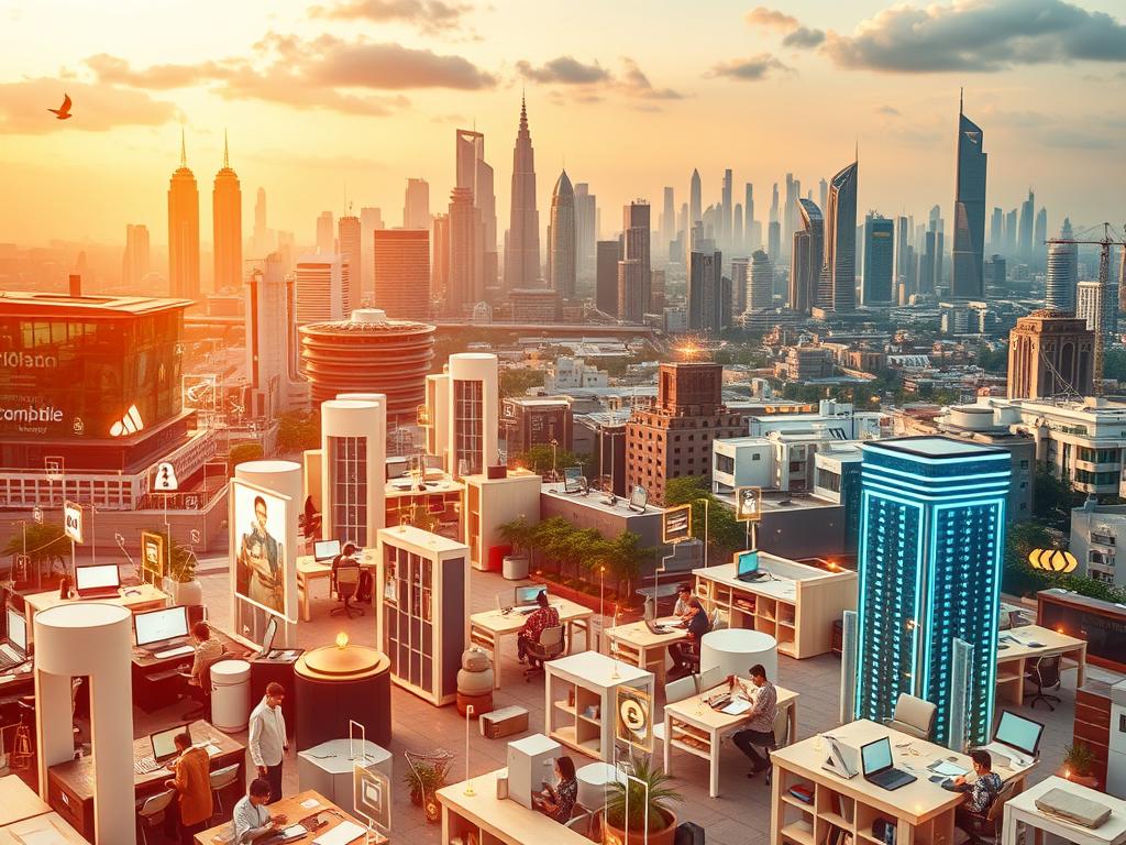 online business ideas strategies - A bustling digital landscape in India, with a vibrant mix of online services and technologies. In the foreground, a diverse array of digital icons and symbols representing e-commerce, fintech, edtech, healthcare, and more. The middle ground showcases sleek, modern office spaces with people collaborating on laptops and digital devices. In the background, a skyline of towering skyscrapers and infrastructure, reflecting the country