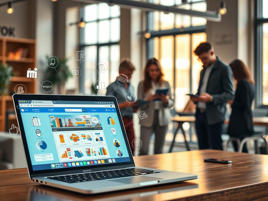 online business ideas strategies - A bustling e-commerce marketplace, filled with online business opportunities. In the foreground, a sleek laptop displays a vibrant web store, its interface intuitive and user-friendly. Surrounding it, various icons and symbols represent different revenue streams - from dropshipping to digital products, subscription services to online marketplaces. In the middle ground, a team of entrepreneurs collaborate, strategizing and analyzing data on their tablets and smartphones. The background showcases a modern, minimalist office space, with large windows letting in warm, natural lighting. The overall mood is one of innovation, efficiency, and endless potential for digital entrepreneurship.