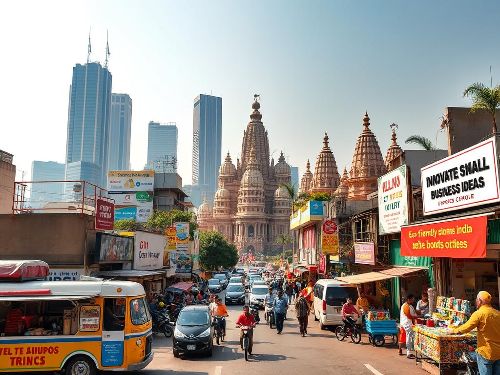 small business ideas anyone - A bustling urban Indian cityscape, with vibrant colors and dynamic energy. In the foreground, a diverse array of innovative small business ideas are showcased - a trendy food truck, a sleek tech startup, a colorful handicraft stall, and an eco-friendly home goods shop. The middle ground features bustling pedestrians and vehicles, capturing the vibrant pulse of the local economy. In the background, towering skyscrapers and ancient temples create a juxtaposition of old and new, reflecting India