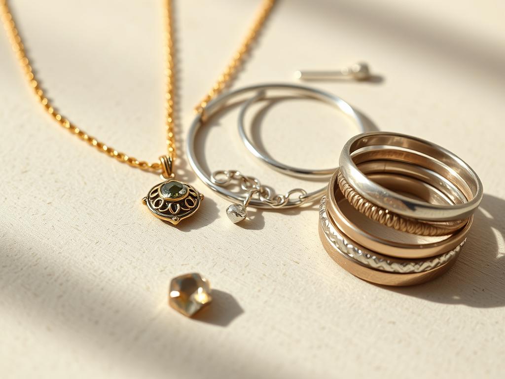 small business ideas anyone - A close-up photograph of a selection of handcrafted jewelry pieces, including a delicate gold necklace with a gemstone pendant, a pair of silver hoop earrings with intricate filigree designs, and a stackable ring set featuring textured bands in different metallic finishes. The jewelry is arranged artfully on a neutral, softly-lit background, showcasing the craftsmanship and attention to detail. The lighting is natural and diffused, creating a warm, inviting atmosphere that highlights the beauty and uniqueness of each piece. The camera angle is slightly elevated, allowing the viewer to appreciate the three-dimensional quality of the jewelry.