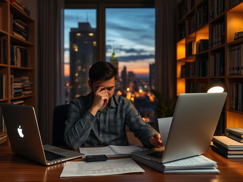 small business ideas anyone - A dimly lit office space, warm lighting casting a soft glow on a wooden desk. On the desk, a laptop, a stack of financial documents, and a calculator. In the foreground, a thoughtful entrepreneur, their face obscured, meticulously reviewing financial projections. Surrounding the desk, shelves filled with books on business and finance, hinting at the depth of knowledge required. Through the window, a cityscape at dusk, a metaphor for the challenges and opportunities facing this small business owner. The composition emphasizes the contemplative, serious nature of the financial decisions that must be made, set against the backdrop of a bustling urban landscape.