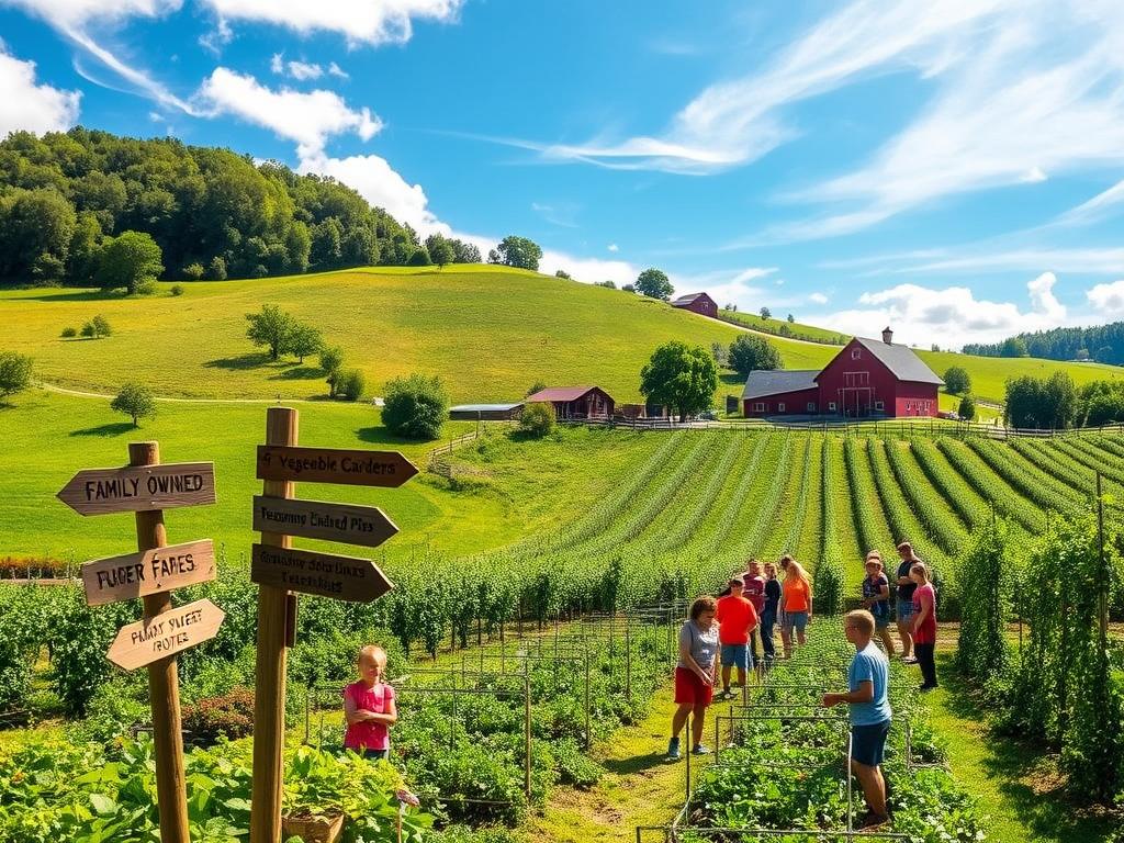 agriculture business ideas 2026 - A lush, verdant farm nestled in rolling hills, sunlight streaming through wispy clouds. In the foreground, a family-owned organic vegetable garden bursting with vibrant produce. Rustic wooden signs point visitors towards a charming farmhouse offering homemade jams, freshly baked pies, and educational workshops on sustainable farming practices. In the middle ground, a group of children enthusiastically participate in a hands-on demonstration, learning to plant seedlings and compost organic waste. In the distance, a picturesque red barn stands proud, flanked by rows of thriving fruit trees. The scene evokes a serene, inviting atmosphere, showcasing the joy and fulfillment of sustainable agri-tourism.