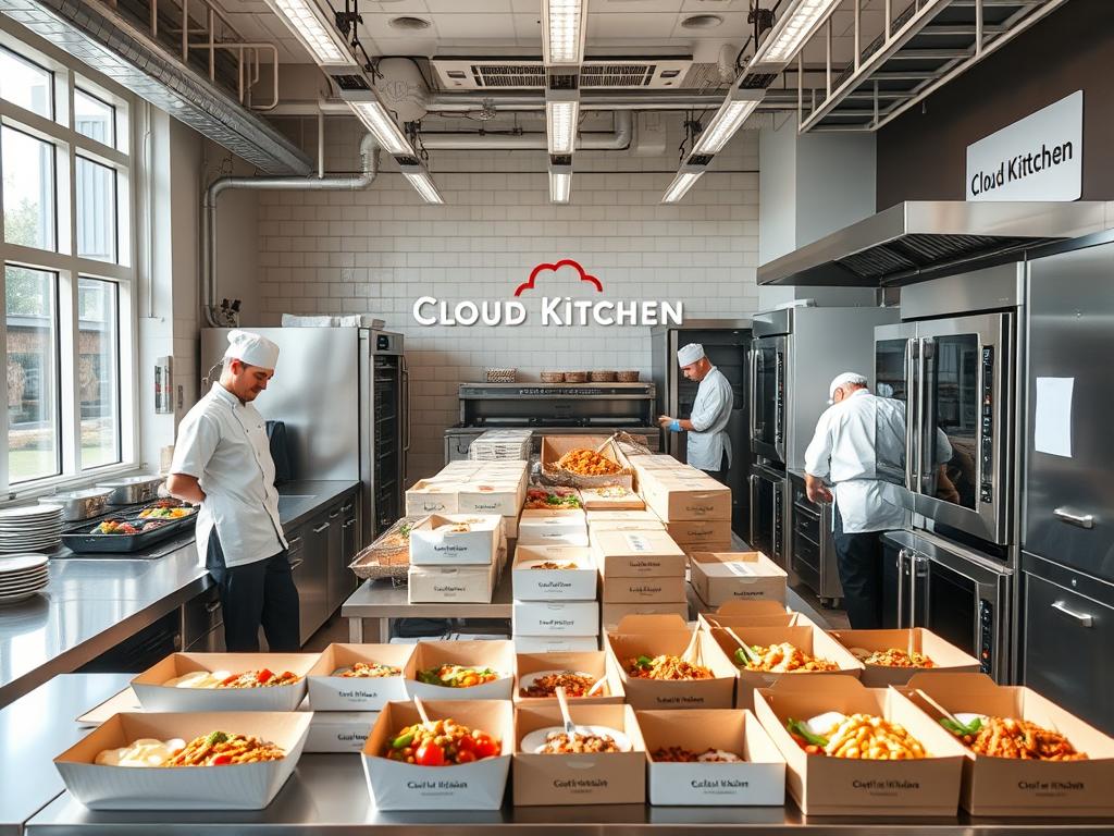 A modern, well-equipped cloud kitchen setup with stainless steel countertops, commercial-grade ovens, and a vibrant, open floor plan. Bright, natural lighting filters in through large windows, creating a warm, inviting atmosphere. In the foreground, a team of skilled chefs expertly prepare and package an array of delectable dishes, using high-quality, locally sourced ingredients. The middle ground showcases state-of-the-art packaging and delivery materials, ready to be dispatched to eager customers. In the background, a sleek, minimalist branding and signage display the cloud kitchen's identity, exuding a sense of professionalism and innovation. An efficient, technology-driven workflow seamlessly integrates the entire operation, poised to deliver a premium food delivery experience.