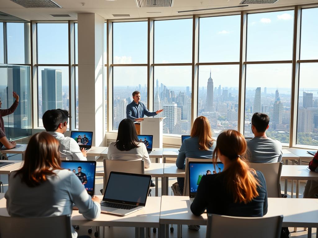online business ideas strategies - A sunny, well-lit classroom setting featuring an online educational business. In the foreground, a group of students intently watching a virtual lecture on their laptops, surrounded by modern desks and chairs. In the middle ground, a teacher standing at a sleek podium, gesturing dynamically as they deliver a presentation on a large touchscreen display. The background showcases a panoramic view of a bustling city skyline through large windows, conveying a sense of a thriving, tech-savvy educational environment. The overall mood is one of engaged learning, professional expertise, and the promise of digital transformation in education.