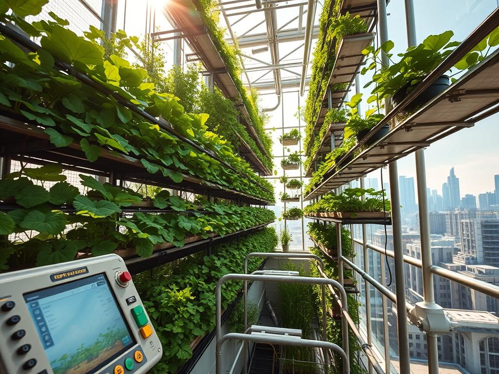 agriculture business ideas 2026 - A thriving vertical farm reaching towards the sky, with multiple levels of lush greenery and hydroponic systems. Sunlight streams through large windows, casting a warm glow over the meticulously arranged rows of leafy vegetables and herbs. In the foreground, a futuristic-looking control panel monitors the growing conditions, ensuring optimal nutrient levels and climate control. The mid-ground showcases the intricate network of pipes and lighting fixtures that support the vertical growth, while the background reveals the urban landscape beyond, highlighting the farm