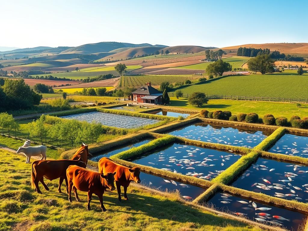 agriculture business ideas 2026 - A vibrant countryside scene depicting a thriving livestock and aquaculture business. In the foreground, a well-tended pasture with grazing cattle and sheep, their coats shining in the warm afternoon light. In the middle ground, a series of expertly crafted aquaculture ponds, filled with a variety of freshwater fish. The ponds are surrounded by lush, verdant vegetation and a small, traditional-style farmhouse. In the background, rolling hills dotted with orchards and fields of crops stretch out towards a clear, blue sky. The overall composition conveys a sense of prosperity, sustainability, and a deep connection to the land.